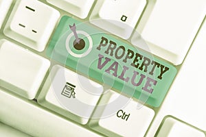 Writing note showing Property Value. Business photo showcasing Worth of a land Real estate appraisal Fair market price