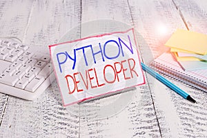 Writing note showing Python Developer. Business photo showcasing responsible for writing serverside web application