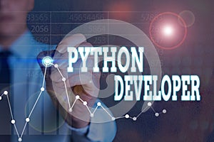 Writing note showing Python Developer. Business photo showcasing responsible for writing serverside web application logic