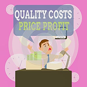 Writing note showing Quality Costs Price Profit. Business photo showcasing Balance between wothiness earnings value Male Manager
