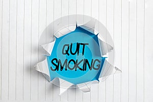 Writing note showing Quit Smoking. Business photo showcasing the process of discontinuing or stopping tobacco smoking