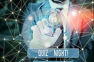 Writing note showing Quiz Night. Business photo showcasing evening test knowledge competition between individuals Picture photo