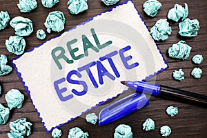 Writing note showing Real Estate. Business photo showcasing Residential Property Building Covered Land Chattels Real written on C