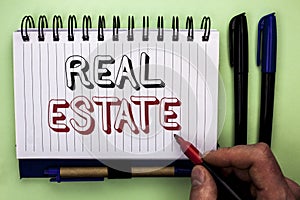 Writing note showing Real Estate. Business photo showcasing Residential Property Building Covered Land Chattels Real written by M