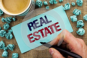 Writing note showing Real Estate. Business photo showcasing Residential Property Building Covered Land Chattels Real written by M