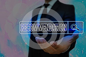 Writing note showing Recommendation. Business photo showcasing something that recommends or expresses commendation Web photo