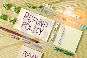 Writing note showing Refund Policy. Business photo showcasing refund or exchange defective merchandise previously buy Colored