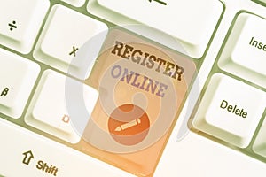 Writing note showing Register Online. Business photo showcasing System for subscribing or registering via the Internet