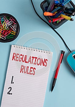 Writing note showing Regulations Rules. Business photo showcasing Standard Statement Procedure govern to control a