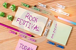 Writing note showing Rock Festival. Business photo showcasing Largescale rock music concert featuring heavy metals genre Colored photo