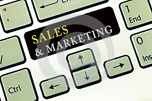 Writing note showing Sales and Marketing. Business photo showcasing Selling Systematic planning of the product and services