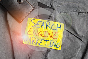 Writing note showing Search Engine Marketing. Business photo showcasing promote Website visibility on searched result