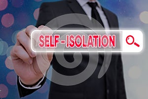 Writing note showing Self Isolation. Business photo showcasing promoting infection control by avoiding contact with the photo