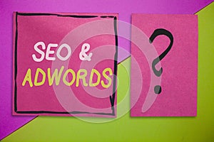 Writing note showing Seo and Adwords. Business photo showcasing Pay per click Digital marketing Google Adsense