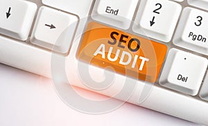 Writing note showing Seo Audit. Business photo showcasing Search Engine Optimization validating and verifying process