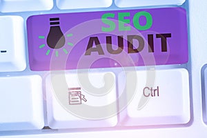 Writing note showing Seo Audit. Business photo showcasing Search Engine Optimization validating and verifying process.