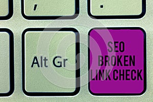 Writing note showing Seo Broken Link Check. Business photo showcasing Search engine optimization error in website links