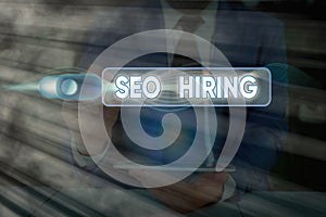 Writing note showing Seo Hiring. Business photo showcasing employing a specialist will develop content to include keywords