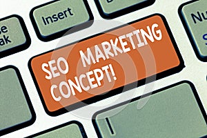 Writing note showing Seo Marketing Concept. Business photo showcasing Strategy that implement to satisfy customers need