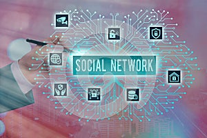 Writing note showing Social Network. Business photo showcasing Interactions Sharing Information Interan individualal relationship photo