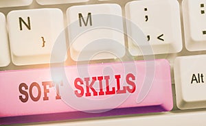 Writing note showing Soft Skills. Business photo showcasing demonstratingal attribute that supports situational