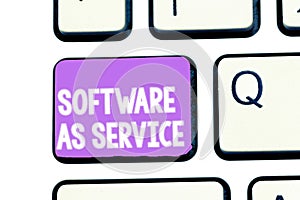 Writing note showing Software As Service. Business photo showcasing On Demand licensed on Subscription and centrally