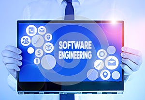 Writing note showing Software Engineering. Business photo showcasing apply engineering to the development of software.