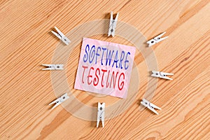 Writing note showing Software Testing. Business photo showcasing evaluate the functionality of a software application