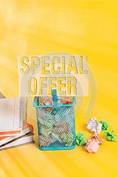 Writing note showing Special Offer. Business photo showcasing Discounted price Markdown Promotional Items Crazy Sale Trash bin