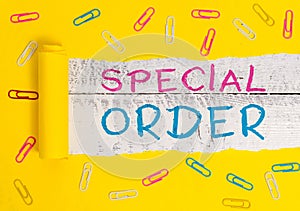 Writing note showing Special Order. Business photo showcasing Specific Item Requested a Routine Memo by Military photo