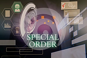 Writing note showing Special Order. Business photo showcasing Specific Item Requested a Routine Memo by Military photo