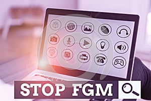 Writing note showing Stop Fgm. Business photo showcasing Put an end or stop on genital cutting and circumcision.