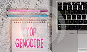 Writing note showing Stop Genocide. Business photo showcasing to put an end on the killings and atrocities of showing Metallic photo