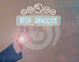 Writing note showing Stop Genocide. Business photo showcasing to put an end on the killings and atrocities of showing photo