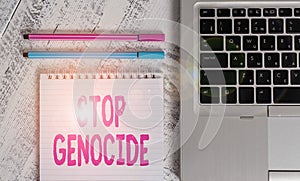 Writing note showing Stop Genocide. Business photo showcasing to put an end on the killings and atrocities of showing Metallic