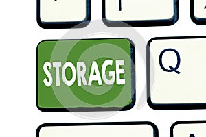 Writing note showing Storage. Business photo showcasing Action of storage something for future use Keep things safe