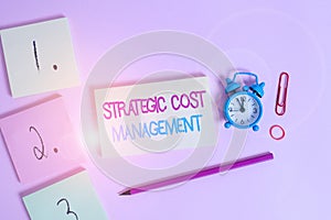 Writing note showing Strategic Cost Management. Business photo showcasing Reduce total Expenses while improving