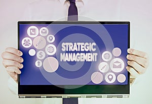 Writing note showing Strategic Management. Business photo showcasing formulation and implementation of the major goals.