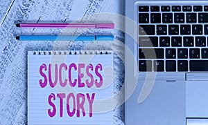 Writing note showing Success Story. Business photo showcasing someone or something that has attain a goal Successful demonstrating