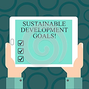 Writing note showing Sustainable Development Goals. Business photo showcasing Unite Nations Global vision for huanalysisity Hu photo