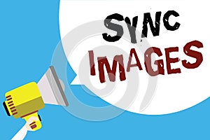 Writing note showing Sync Images. Business photo showcasing Making photos identical in all devices Accessible anywhere Man holding