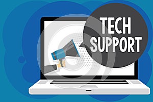 Writing note showing Tech Support. Business photo showcasing Assisting individuals who are having technical problems Man hold Mega