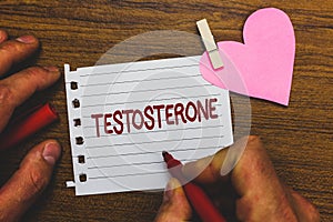 Writing note showing Testosterone. Business photo showcasing Male hormones development and stimulation sports substance Small pitc photo