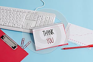 Writing note showing Thank You. Business photo showcasing a polite expression used when acknowledging a gift or service