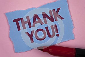Writing note showing Thank You Motivational Call. Business photo showcasing Appreciation greeting Acknowledgment Gratitude writte