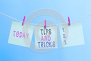 Writing note showing Tips And Tricks. Business photo showcasing means piece advice maybe suggestion how improve Clothesline