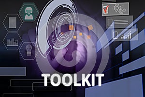 Writing note showing Toolkit. Business photo showcasing set of tools kept in a bag or box and used for a particular