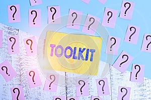 Writing note showing Toolkit. Business photo showcasing set of tools kept in a bag or box and used for a particular