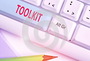 Writing note showing Toolkit. Business photo showcasing set of tools kept in a bag or box and used for a particular