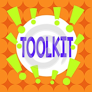 Writing note showing Toolkit. Business photo showcasing set of tools kept in a bag or box and used for a particular purpose